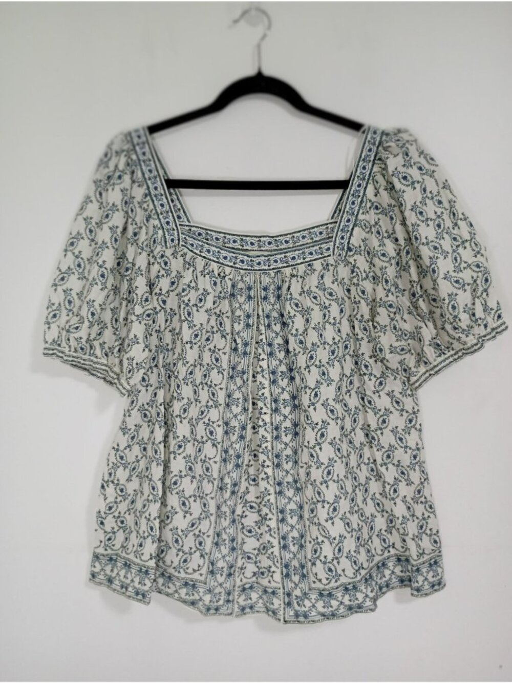 Max Studio London Blue & White Floral Boho Peasant Blouse L Cotton blend Women